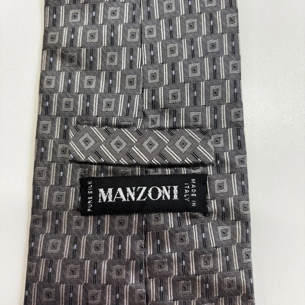 Vintage Manzoni Gray Geometric Silk Tie Made Italy 100% Silk Wide 3.75